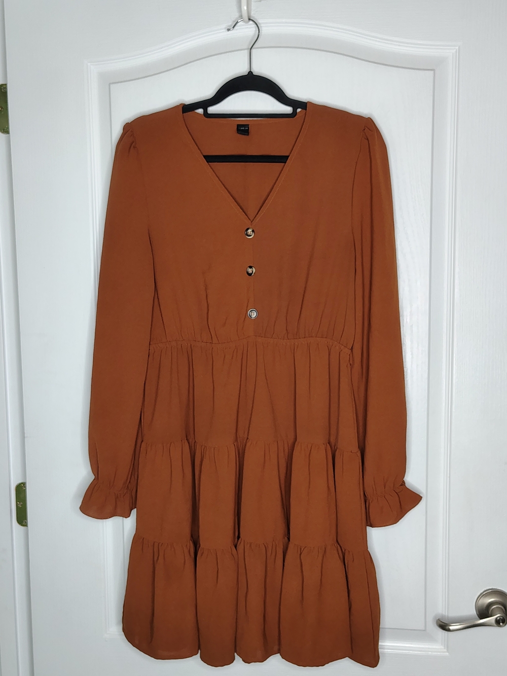 SHEIN Rust Button-Front Tiered Long Sleeve Dress